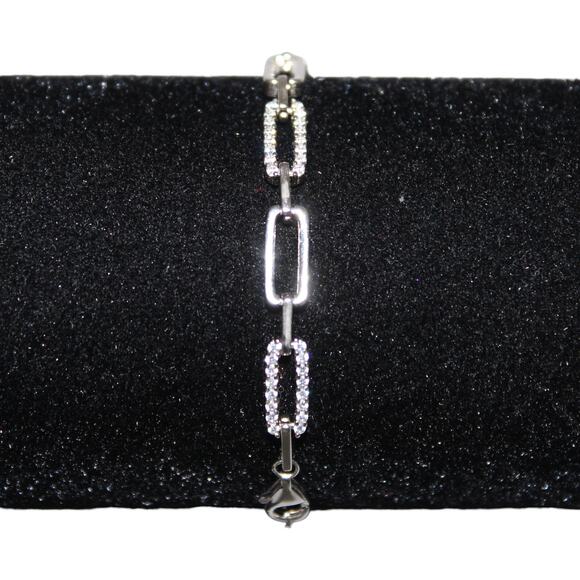 925 Sterling Silver Bracelet Rectangle Link w/ Rhinestones - Picture 4 of 6